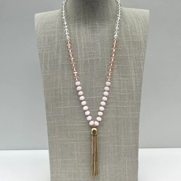 Liz Claiborne Necklace Pale Pink Clear Faceted Beaded Strand Tassel Pendant NWOT - Picture 2 of 8